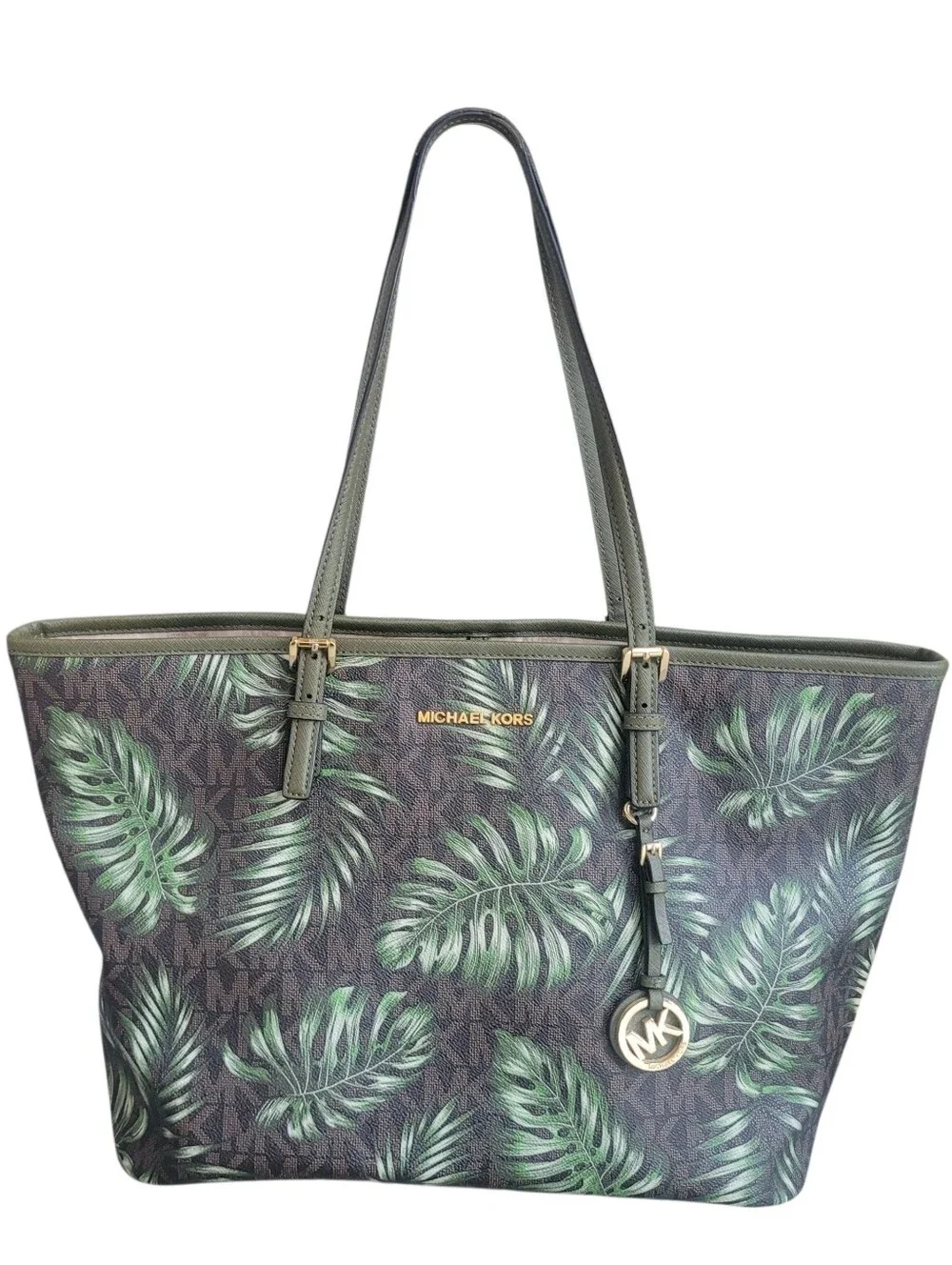 Michael Kors Jet Set Travel Large Carryall Tote Brown MK Signature Olive Palm